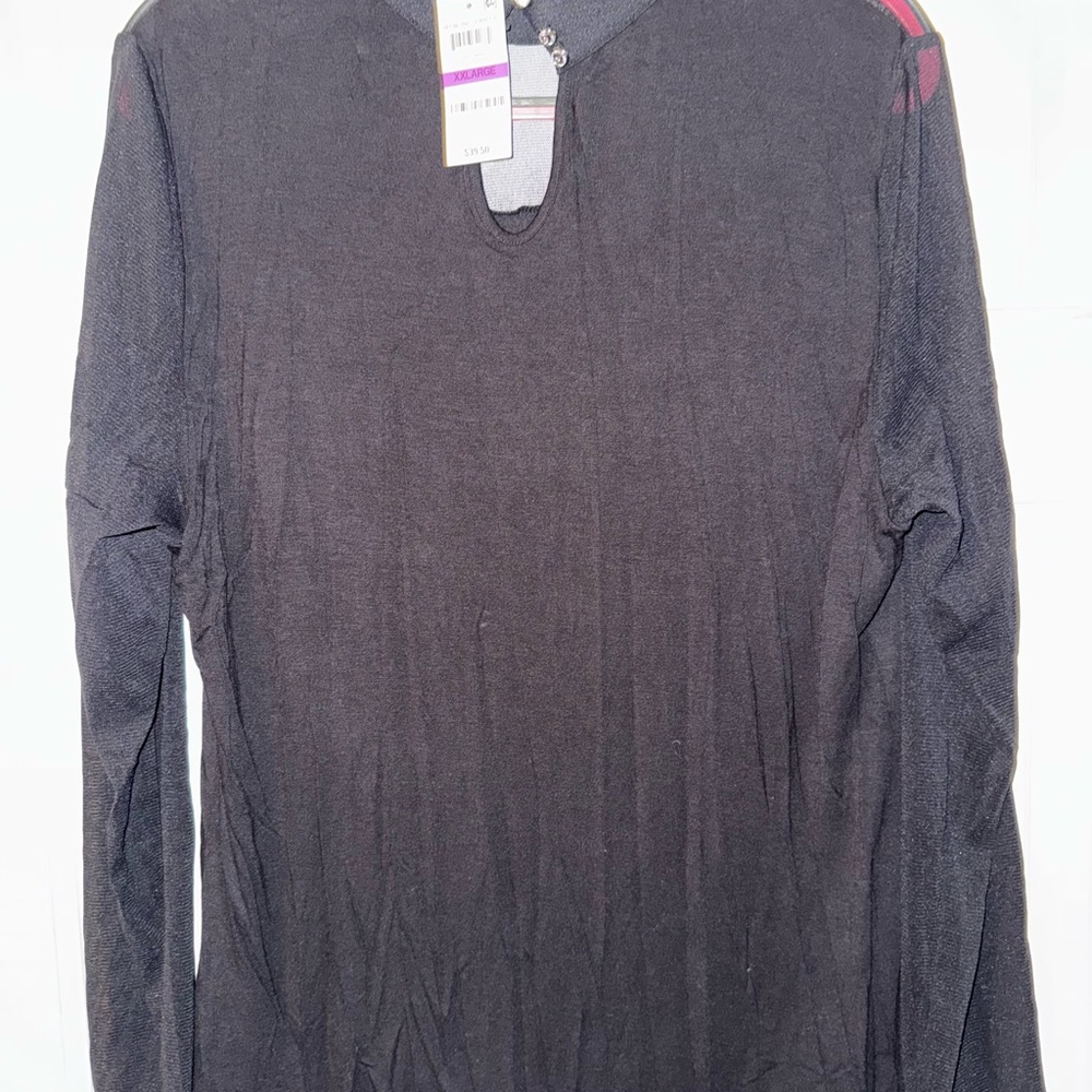 NWT Macy’s INC women’s mock neck black shirt. Top part sheer. 3 gem stone button